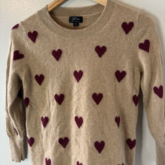 J.Crew 100% Cashmere Sweater Beige Red Hearts 3/4 Sleeve Pullover Womens Sz XS - Picture 2 of 5